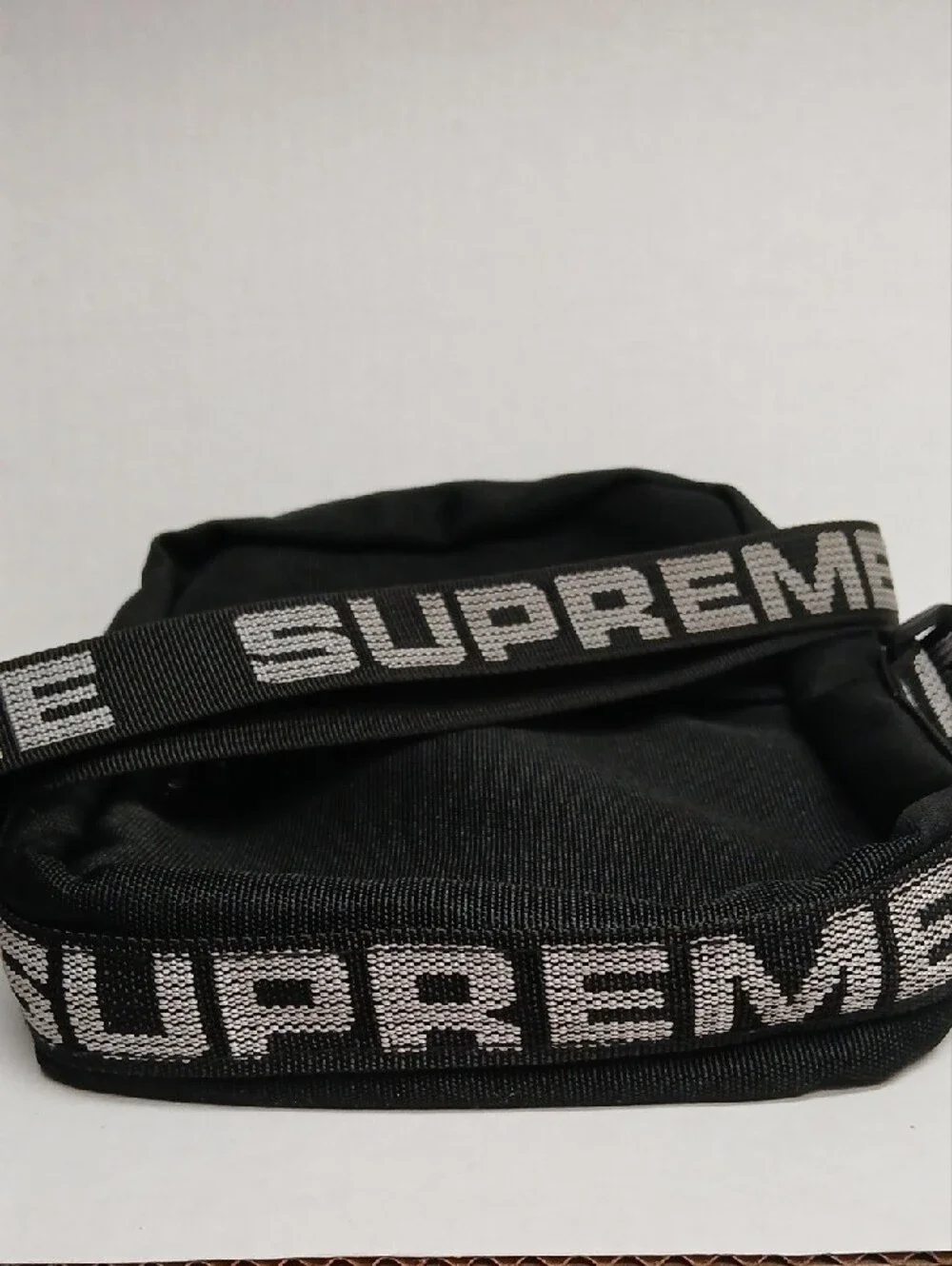 Supreme Black Crossbody Bag with White Logo Strap